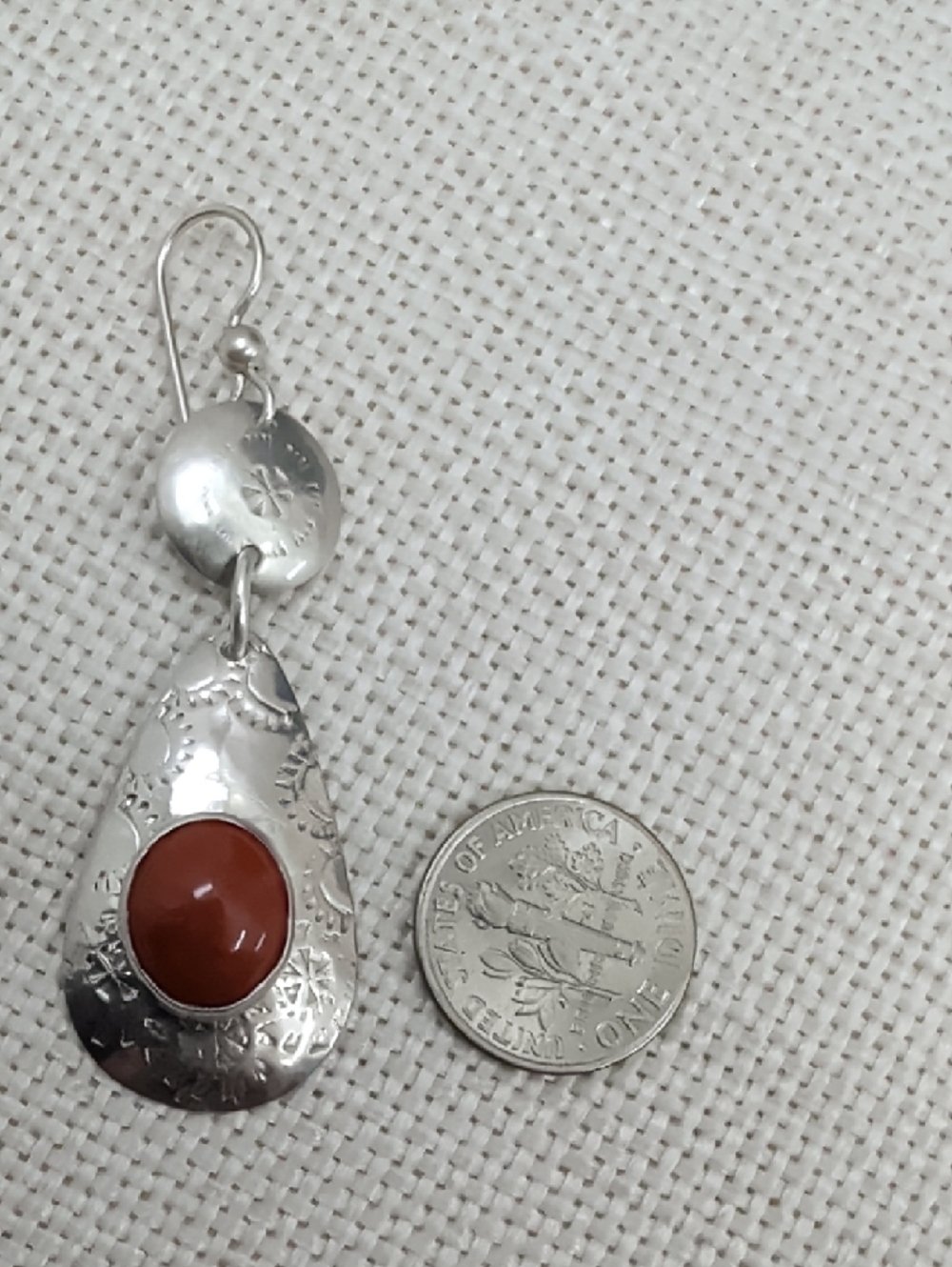 Vintage Sterling Silver Red Coral Cabochon Teardrop Dangle Earrings Artisan - Picture 6 of 17